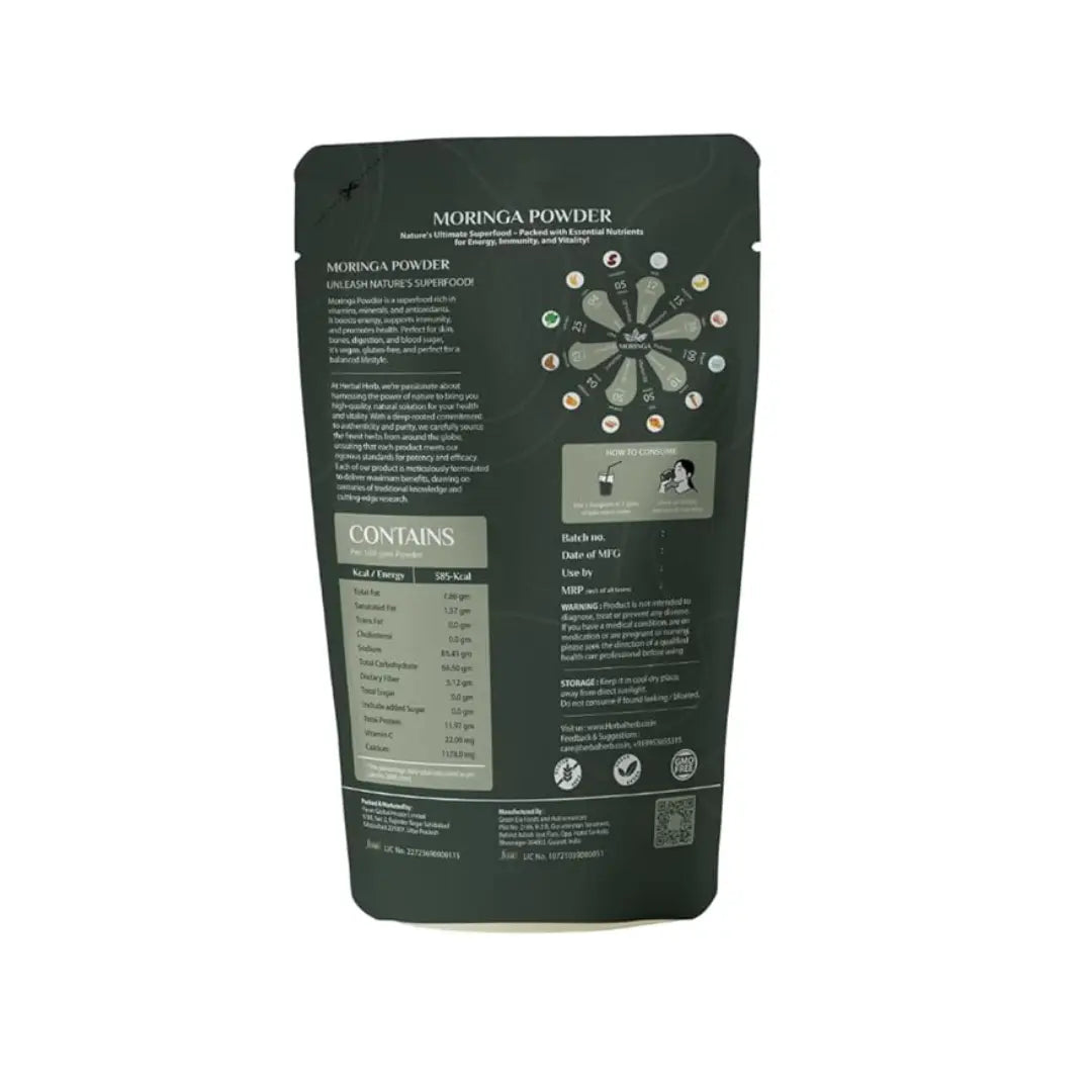 Moringa powder packaging with nutritional information on a white background