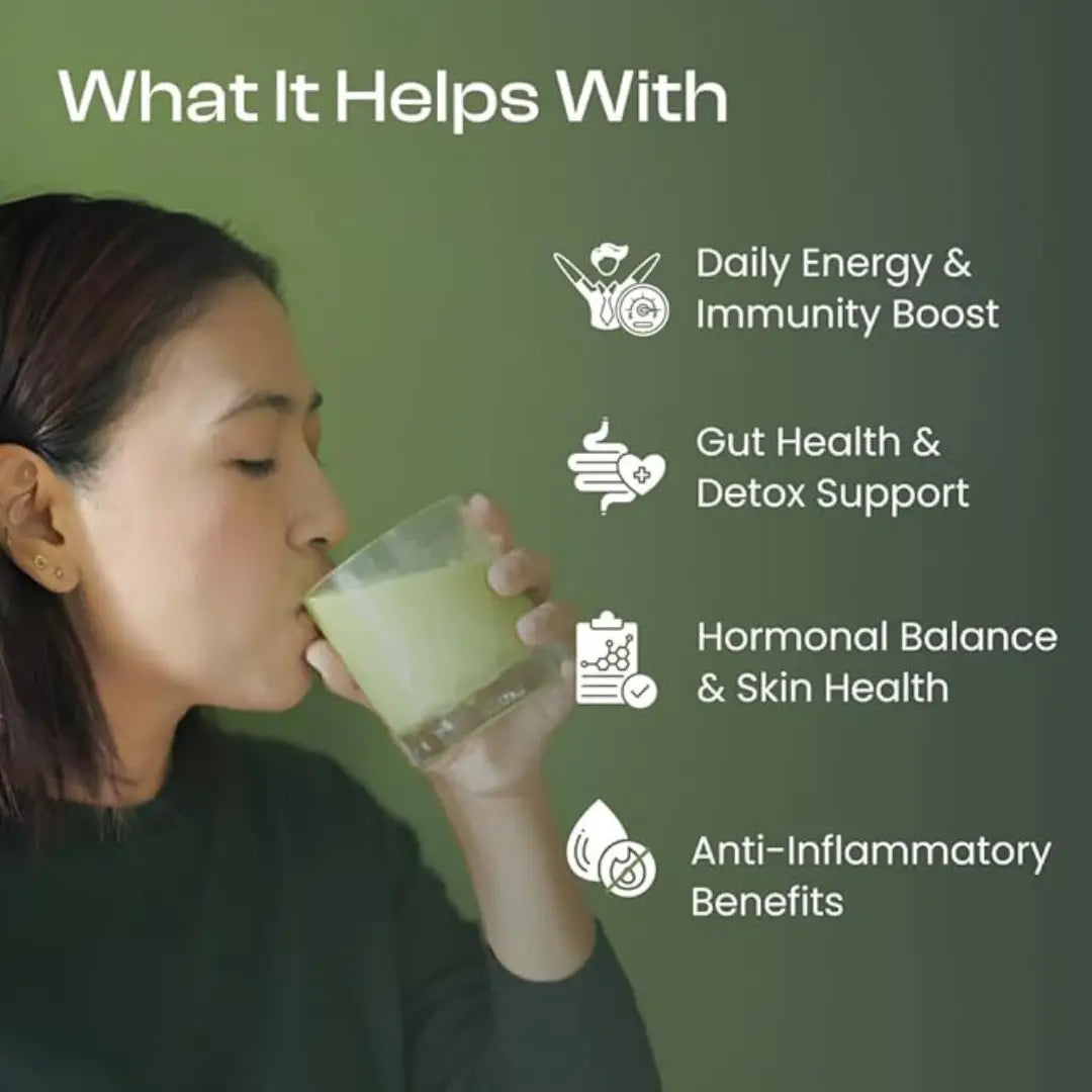Woman drinking a green beverage with health benefits listed on a green background