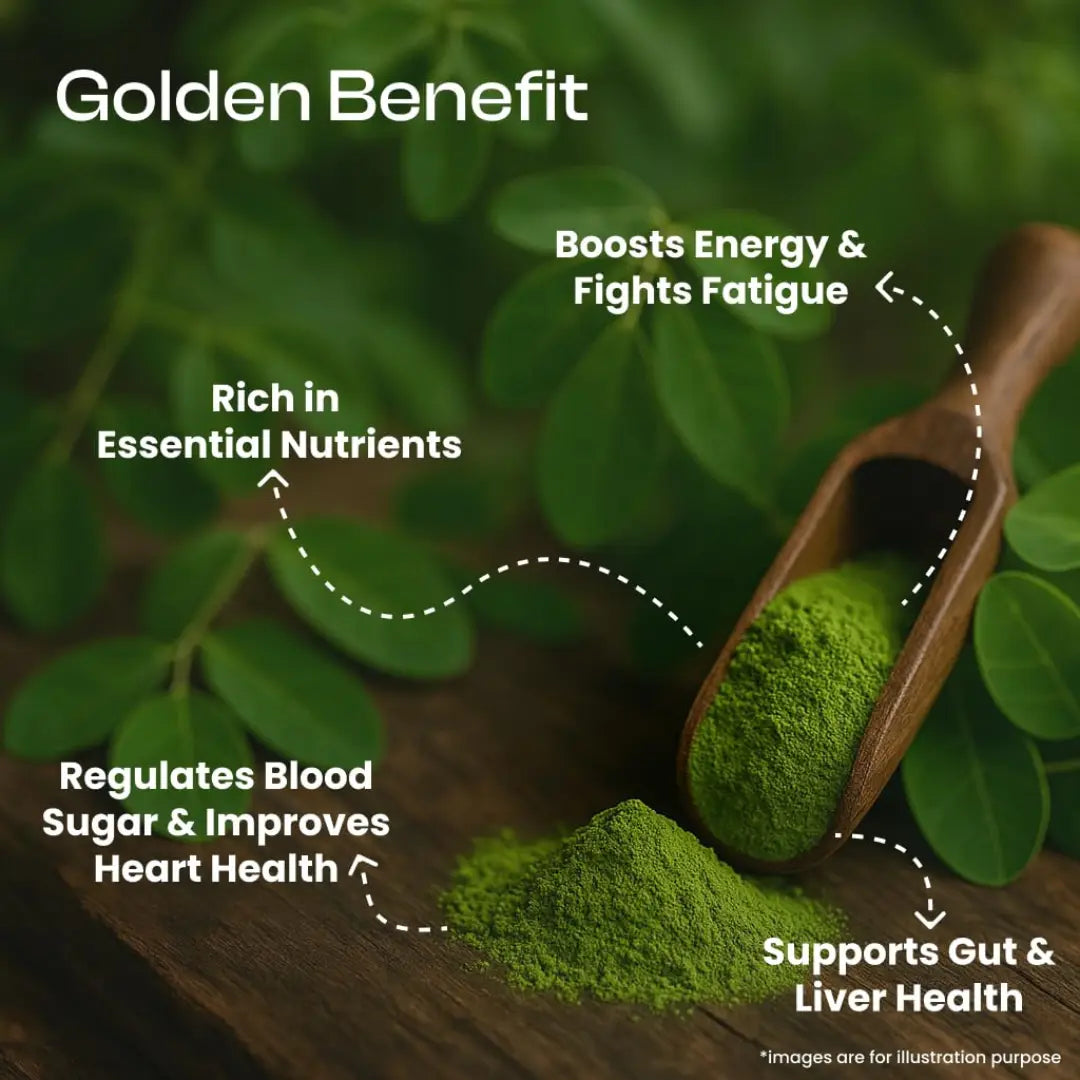 Green powder in a wooden scoop with health benefits text on a green leafy background