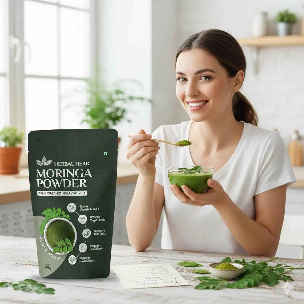 Woman holding a bowl of green smoothie next to a package of Herbal Herb Moringa Powder in a bright kitchen.